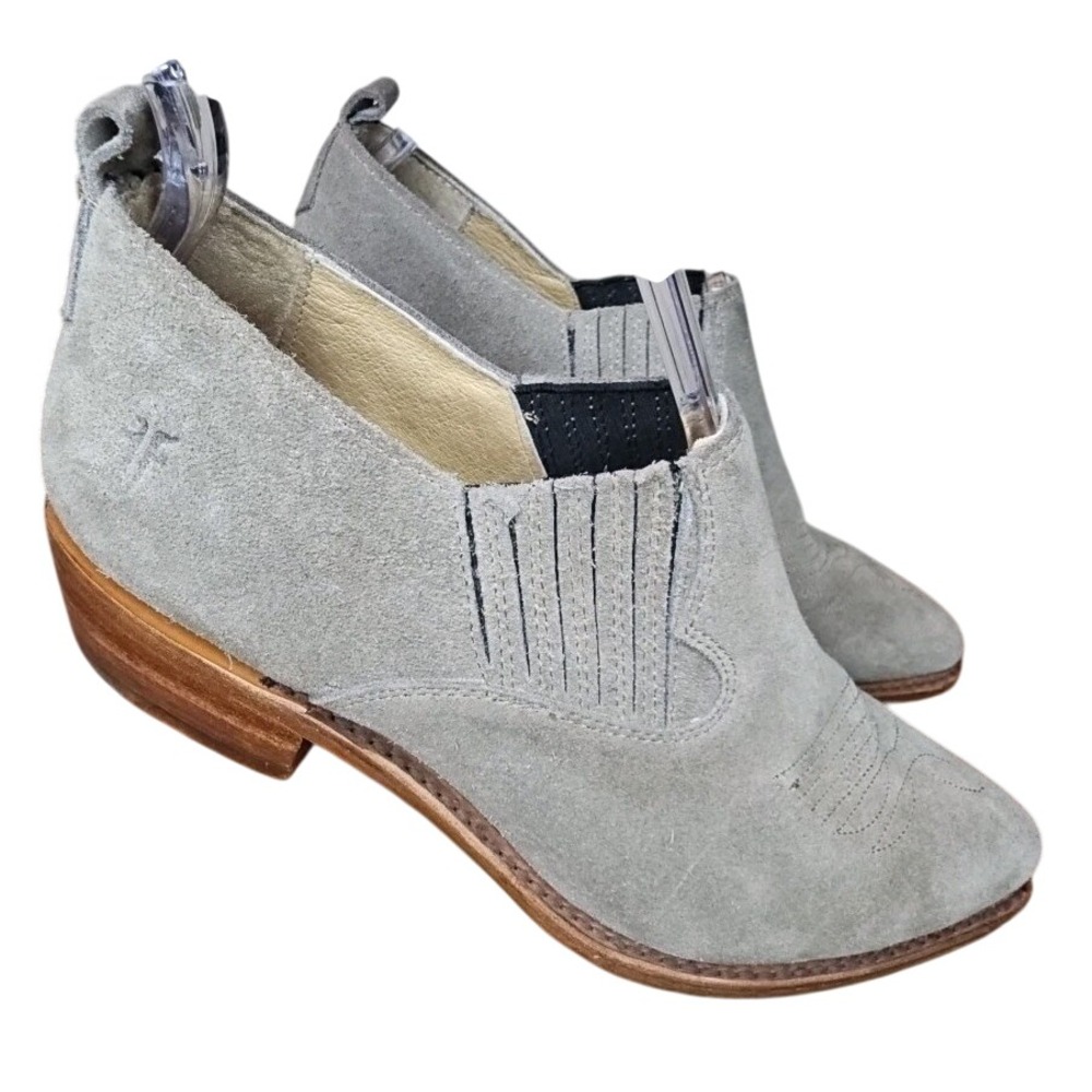 Frye Women's 8.5‎ Suede Leather Ankle Boots Taupe Slip-On Western  Pointed Toe